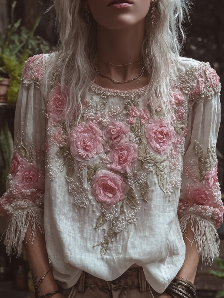Bohemian Three-dimensional Floral Embroidery Casual Vintage Long-sleeved Shirt elevenforest