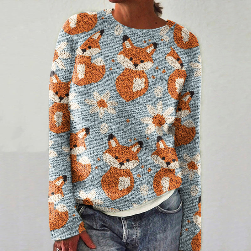 Comstylish Colorful Fox Print Women's Crew Neck Sweater