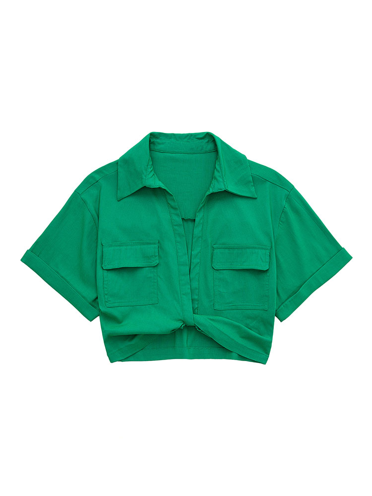 Safari Style Pockets Patch Knotted Linen Short Smock Blouse Lady Kimono Cropped Shirt Blusas Tops