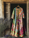 Women's Bohemian Floral Art Print Flowy Cotton Crew Neck Dress
