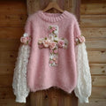Comstylish Pink Roses Cross Embroidered Lace Patchwork Cozy Sweater