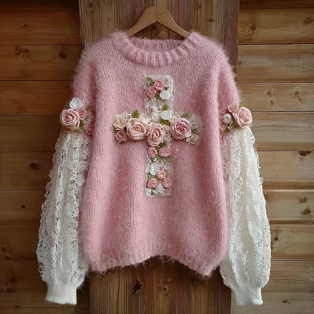Comstylish Pink Roses Cross Embroidered Lace Patchwork Cozy Sweater