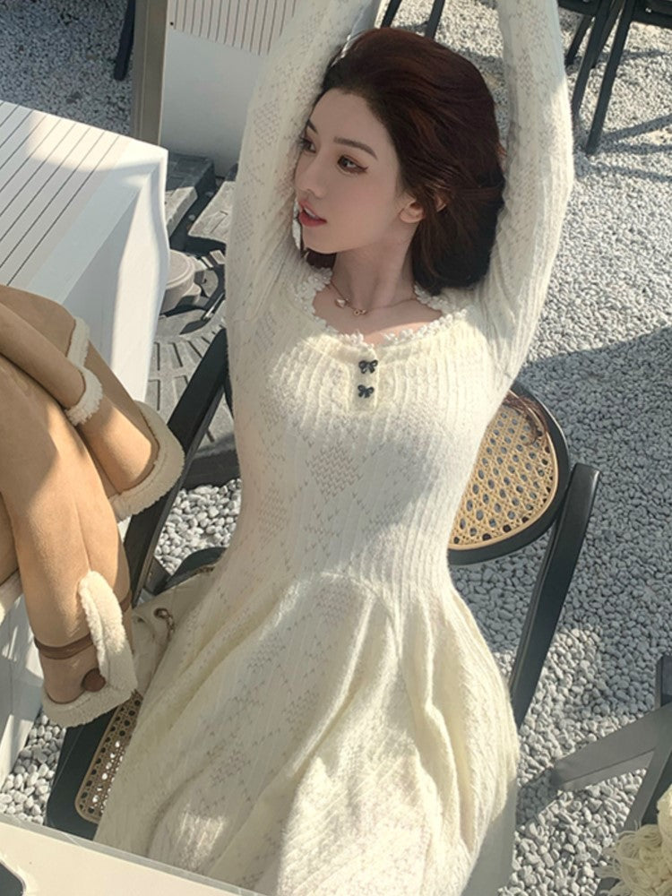 Autumn Winter Knitted Dress Long Sleeve A-line Korean Slim Female Birthday Party Prom Vestidos Mini Dresses
