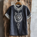 Men's Viking Wolf Celtic Embroidery Art Linen Shirt elevenforest