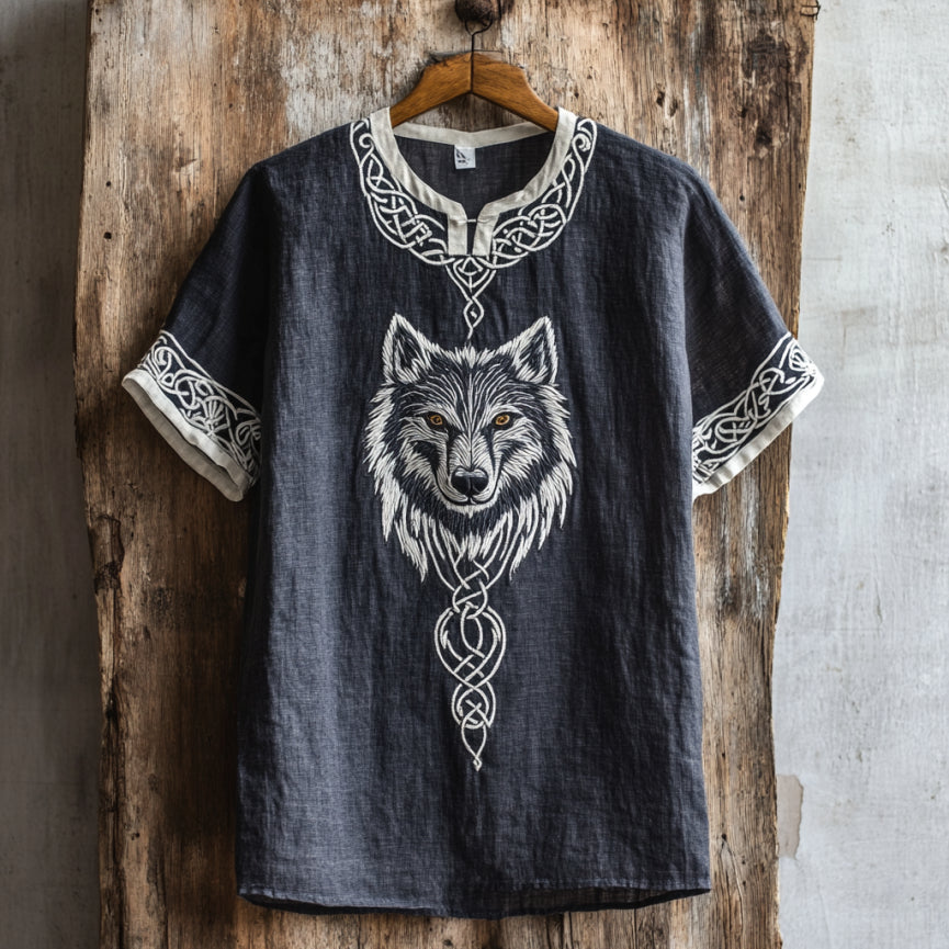 Men's Viking Wolf Celtic Embroidery Art Linen Shirt elevenforest