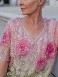 Vintage Pink Glitter Roses Embroidered Linen T Shirt elevenforest