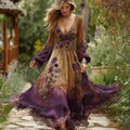 Women's Purple Floral Pattern Casual V-neck Long Sleeve Dress elevenforest