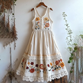 Vintage Lace Flowers Art Linen V Dress elevenforest