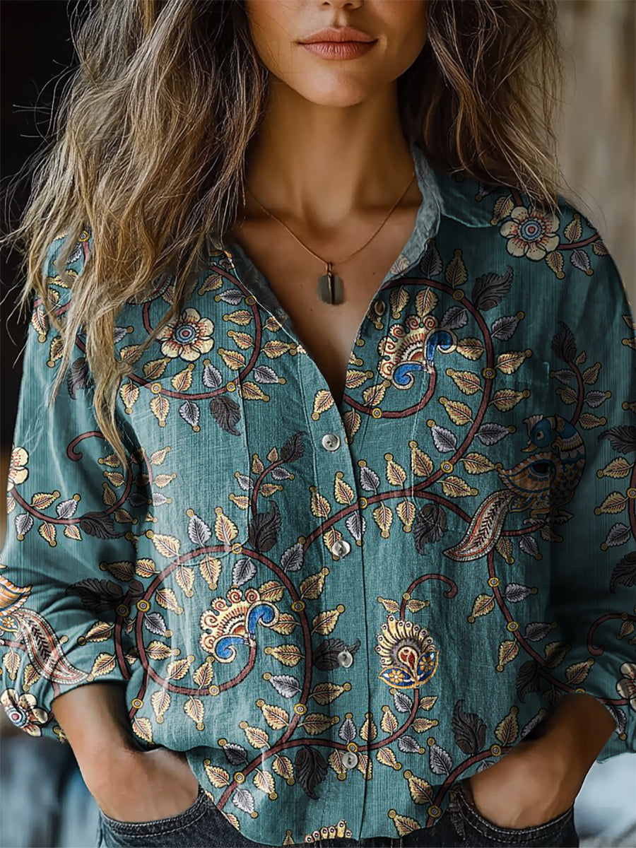 Women's Vintage Floral Print Casual Long Sleeve Comfortable Cotton Shi