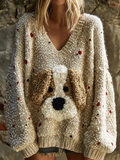 Comstylish Lady Retro Cute Dog Plush Comfortable Knitted Sweater.