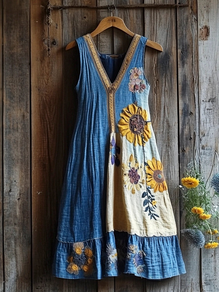 Sunflower Patchwork Embroidery Women's Linen Vest Dress elevenforest