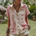 Women's Vintage Floral Art Contrast Short Sleeve Shirt elevenforest