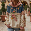 Women's Retro Floral Stitching Contrast Color Warm Hoodie elevenforest