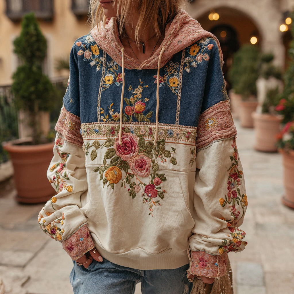 Women's Retro Floral Stitching Contrast Color Warm Hoodie elevenforest
