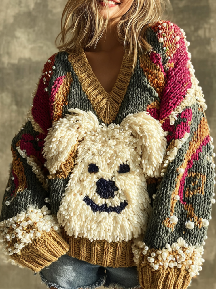Comstylish Lady Retro Cute Dog Plush Comfortable Knitted Sweater.