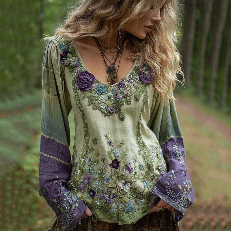 Classy Gradient Purple Lavender And Floral Embroidered Linen Long Sleeve Shirt elevenforest