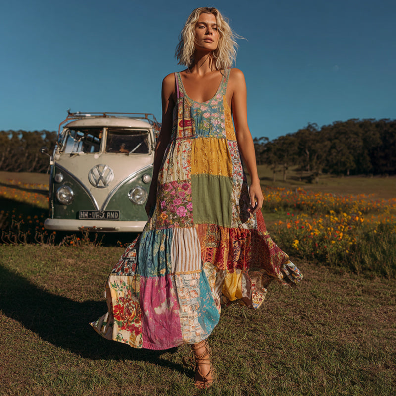 Countryside Style Collection Classy Patchwork Floral Pattern Art Linen Suspender Dress elevenforest
