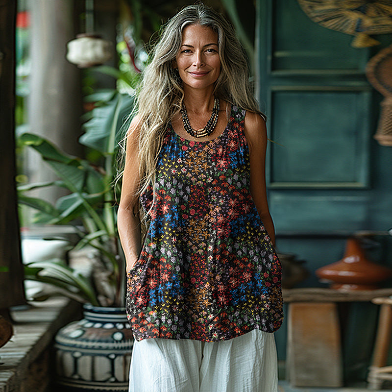 Women's Retro Loose Bohemia Colorful Floral Style Linen Suspender Sleeveless Top elevenforest
