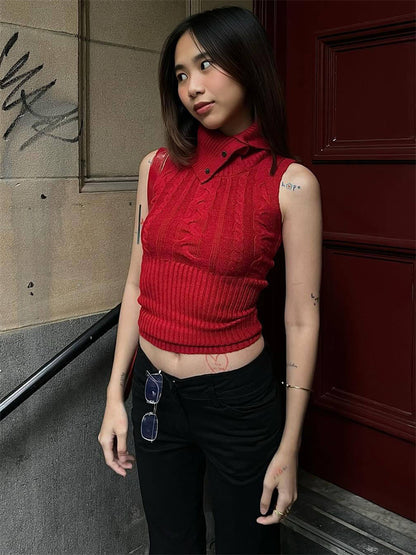 Tossy Twist Patchwork Knit Sweater Pullover Vest Female Ribbed Sleeveless Hollow Out Cropped Y2k Top Knitwear Tank Top New