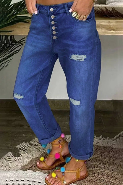 Street Ripped Buckle Low Waist Loose Denim Jeans(4 Colors)