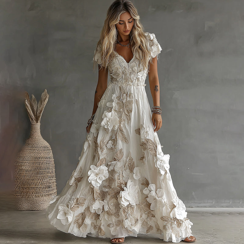 Women's Vintage Boho Floral Art  Short-sleeved Maxi Dress