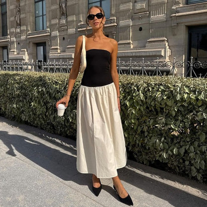 Taruxy Clash Color Strapless Maxi Dress for Summer Off Shoulder Patchwork Backless Sleeveless Beach Dress Female