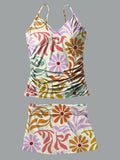 Line Flower V-Neck Vintage Flowers Print Suspender Skirt Tankini Pantskirt Set Swimsuit