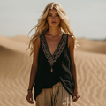 Women's Bohemia Ethnic Linen V-neek Sleeveless Top elevenforest