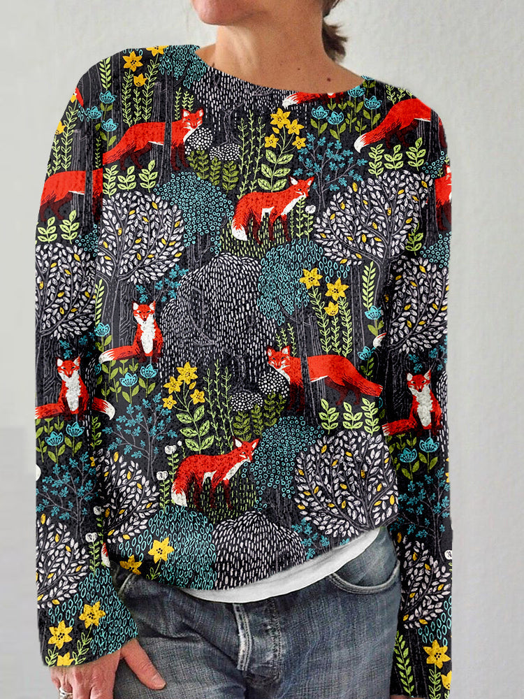 Fox in the Forest Graphic Crew Neck Cozy Sweater artswardrobe
