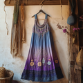 Boho Gradient Floral Embroidered Pattern Lace Patchwork Art Linen Dress elevenforest