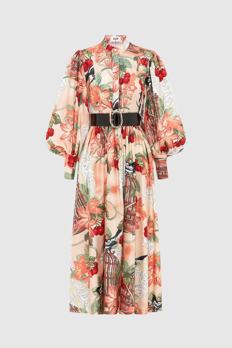 Printed Lantern Sleeve Midi Dress