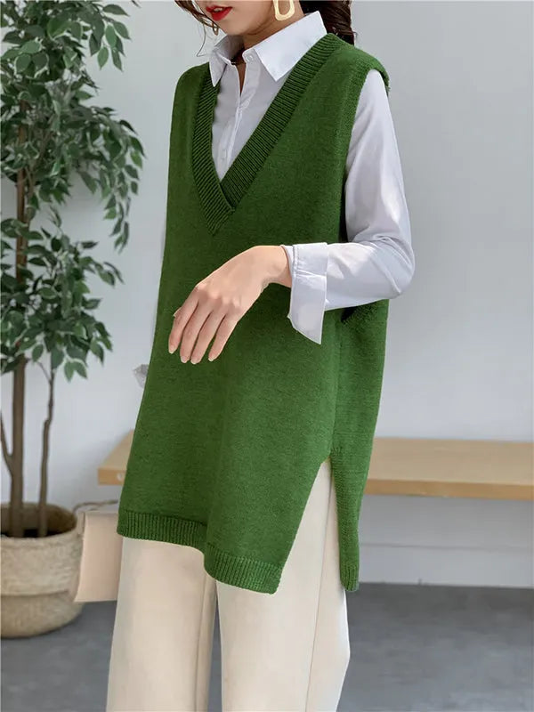 Sleeveless Split-side Color V-neck Knitted Vest