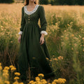 Comstylish Vintage Lace Patchwork Pleated Linen Maxi Dress