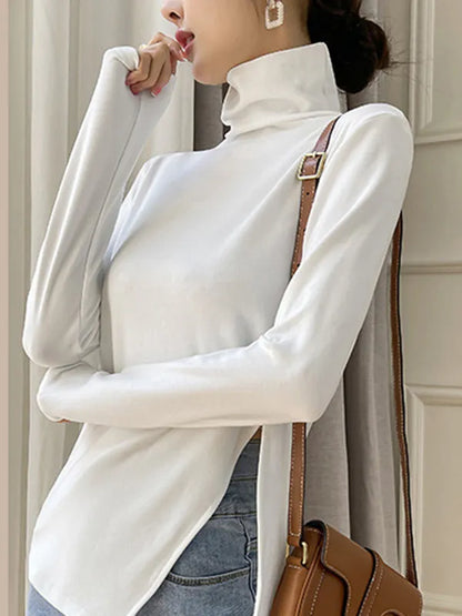 Skinny Long Sleeves Split-side Color High-neck T-shirts Tops