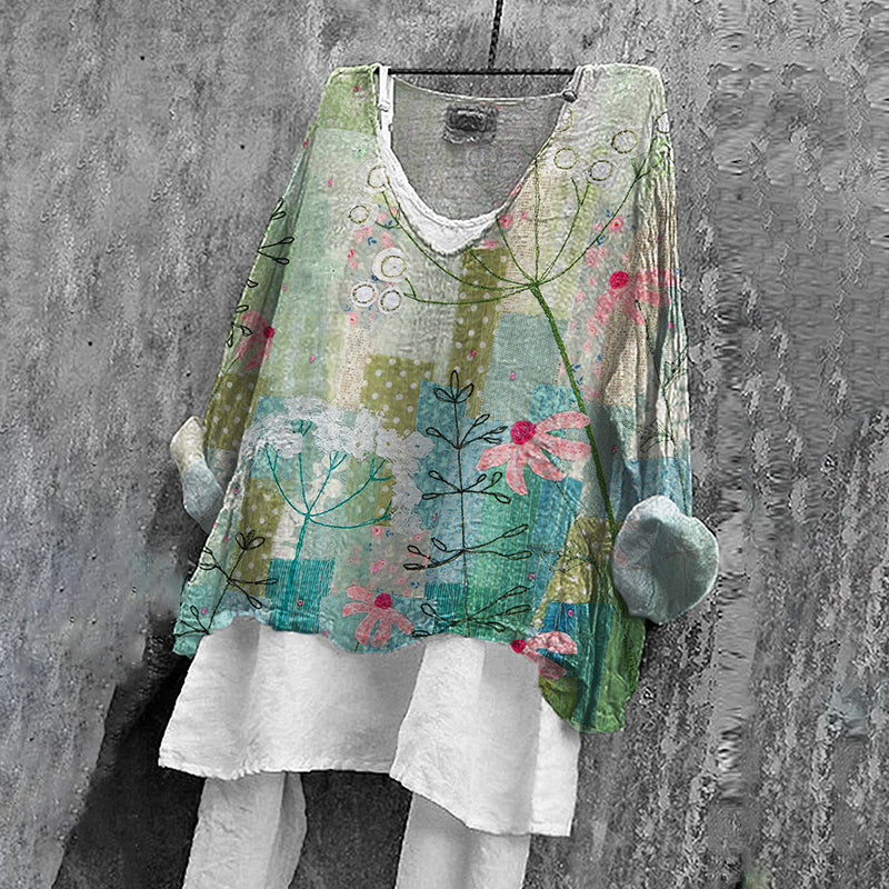 Comstylish Women's Vintage Flower Embroidery Art Linen Blend T-shirt