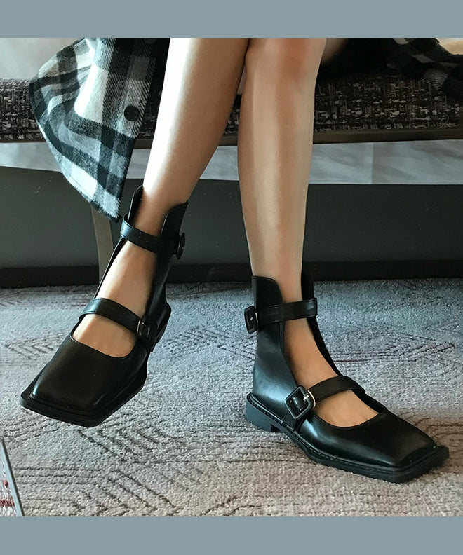 French Black Hollow Out Belt Buckle Sandals Boots Oi041
