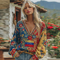 Women's Vintage Venezuelan Flag Floral Pattern Casual Linen Shirt elevenforest