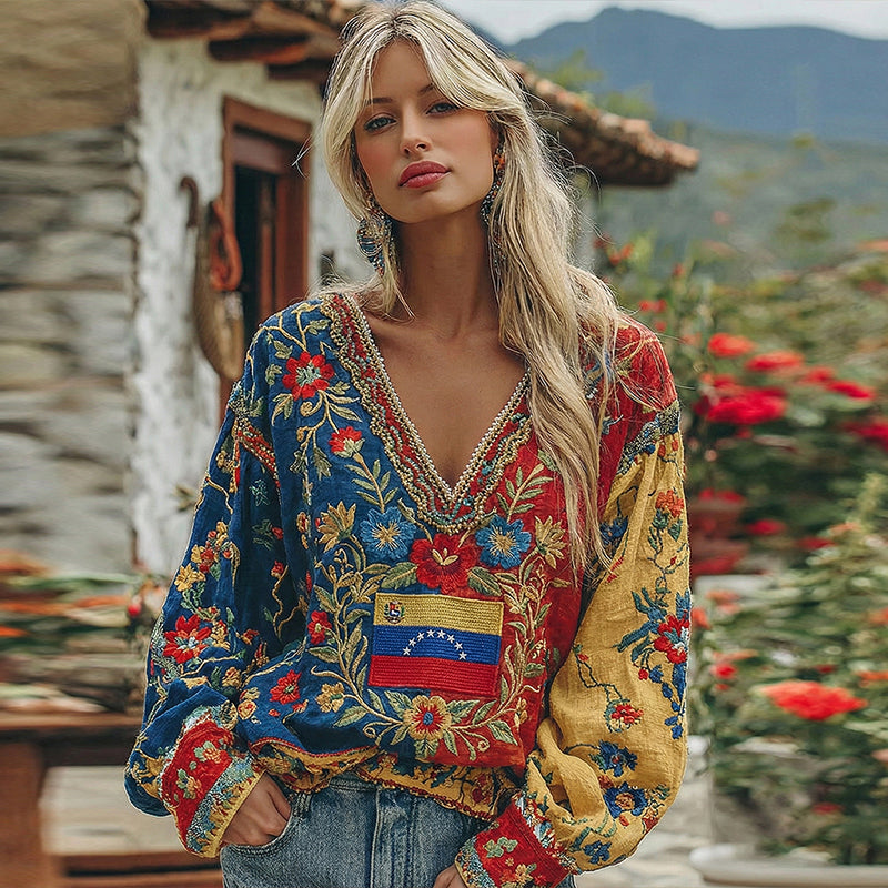 Women's Vintage Venezuelan Flag Floral Pattern Casual Linen Shirt elevenforest