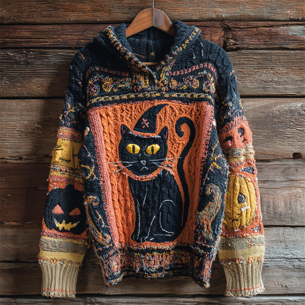 Halloween Witch Cat Lady Chunky Knit Hooded Sweater elevenforest