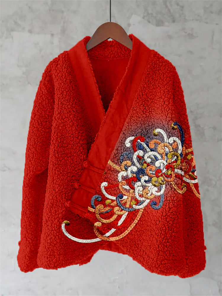 Embroidered Japanese Flower Art Fleece Kimono Cardigan elevenforest