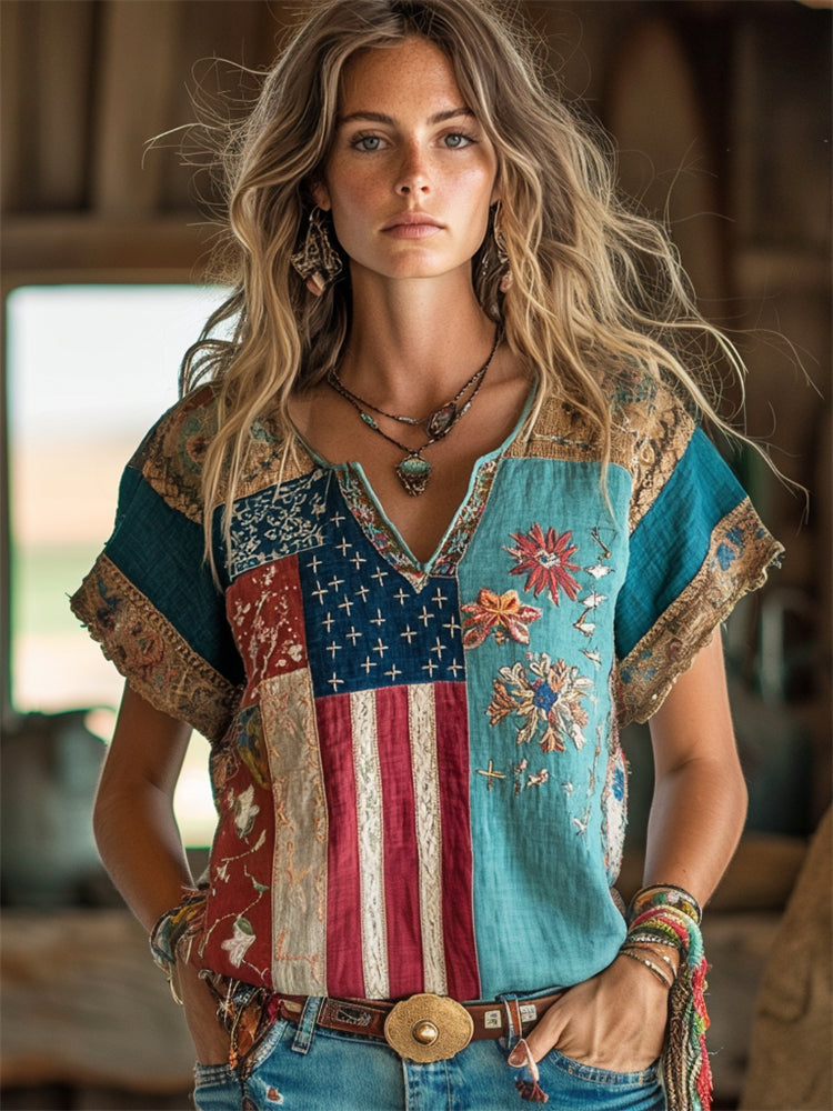 Vintage Floral Embroidered American Flag Patchwork Linen Shirt elevenforest