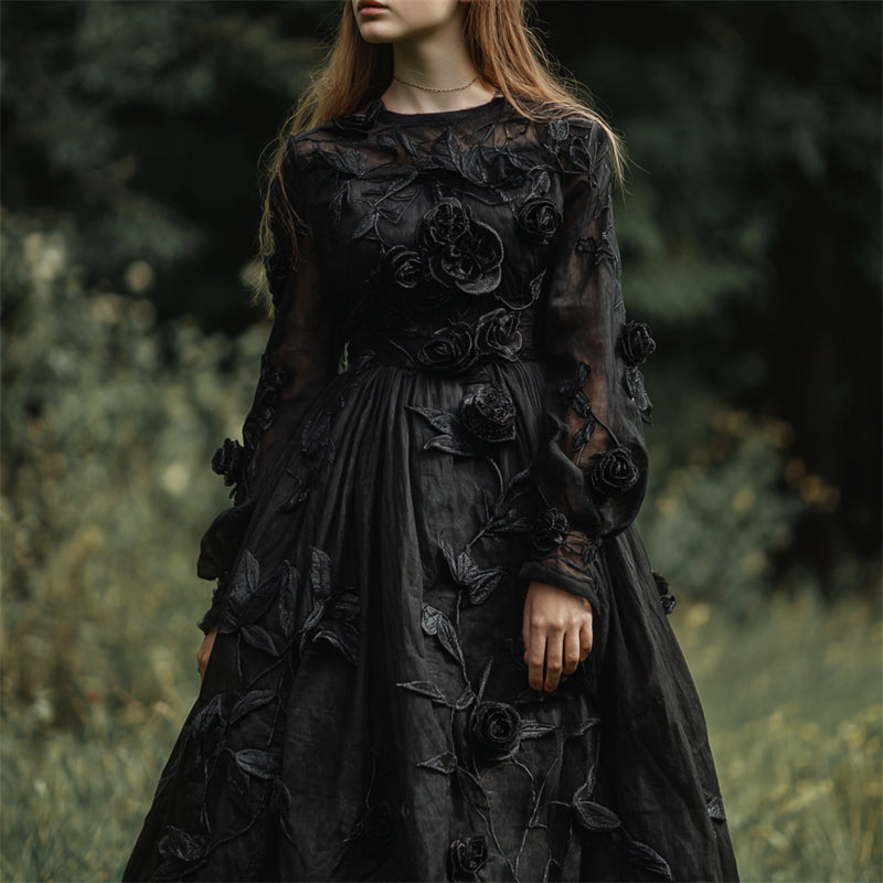 Vintage Gothic Black Roses Flowy Linen Dress elevenforest