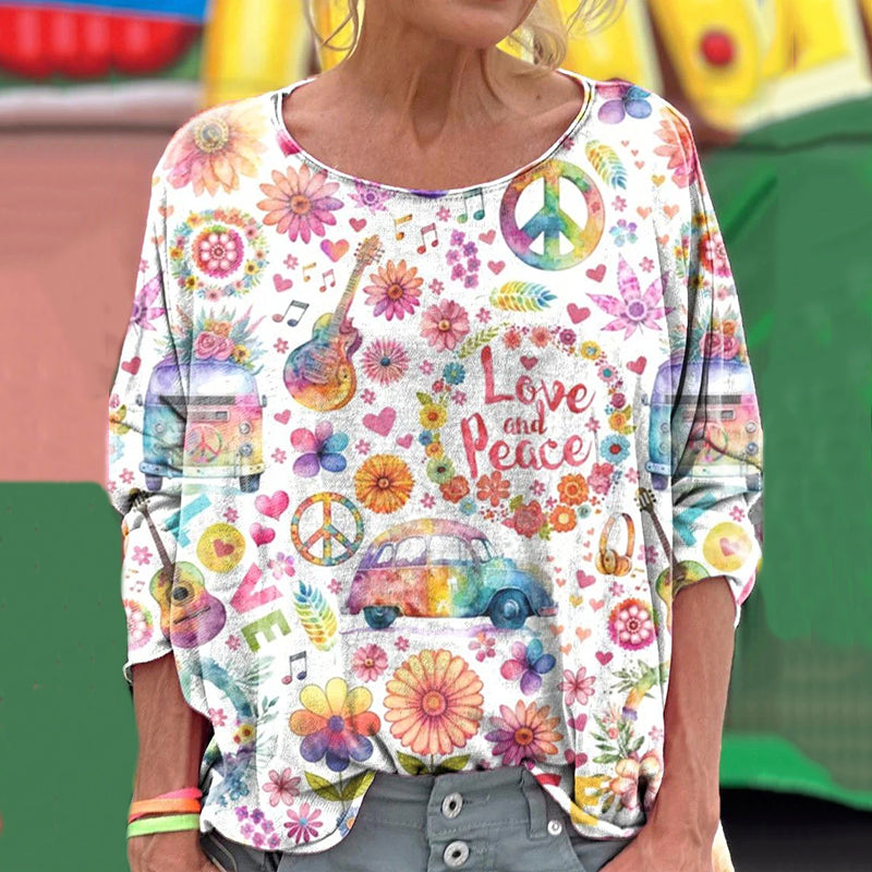 Comstylish Women's  Peace Love Hippie Vibe Tie Dye  Print Long Sleeve T-Shirt
