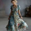 Vintage Gradient Blue Floral Embroidered Linen V Neck Maxi Dress elevenforest