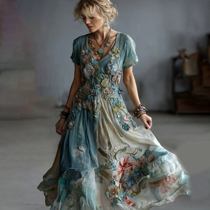 Vintage Gradient Blue Floral Embroidered Linen V Neck Maxi Dress elevenforest