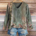 Women's Ethnic Flower Art Print Casual V-neck Long Sleeve T-shirt