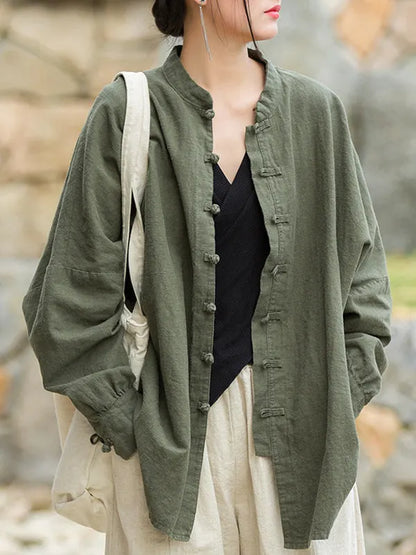 Batwing Sleeves Loose Chinese Frog Buttons Pleated Color Split-joint Stand Collar Blouses
