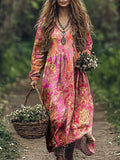 Women's Folk Floral Art Print V Neck Pocket Cotton Dress