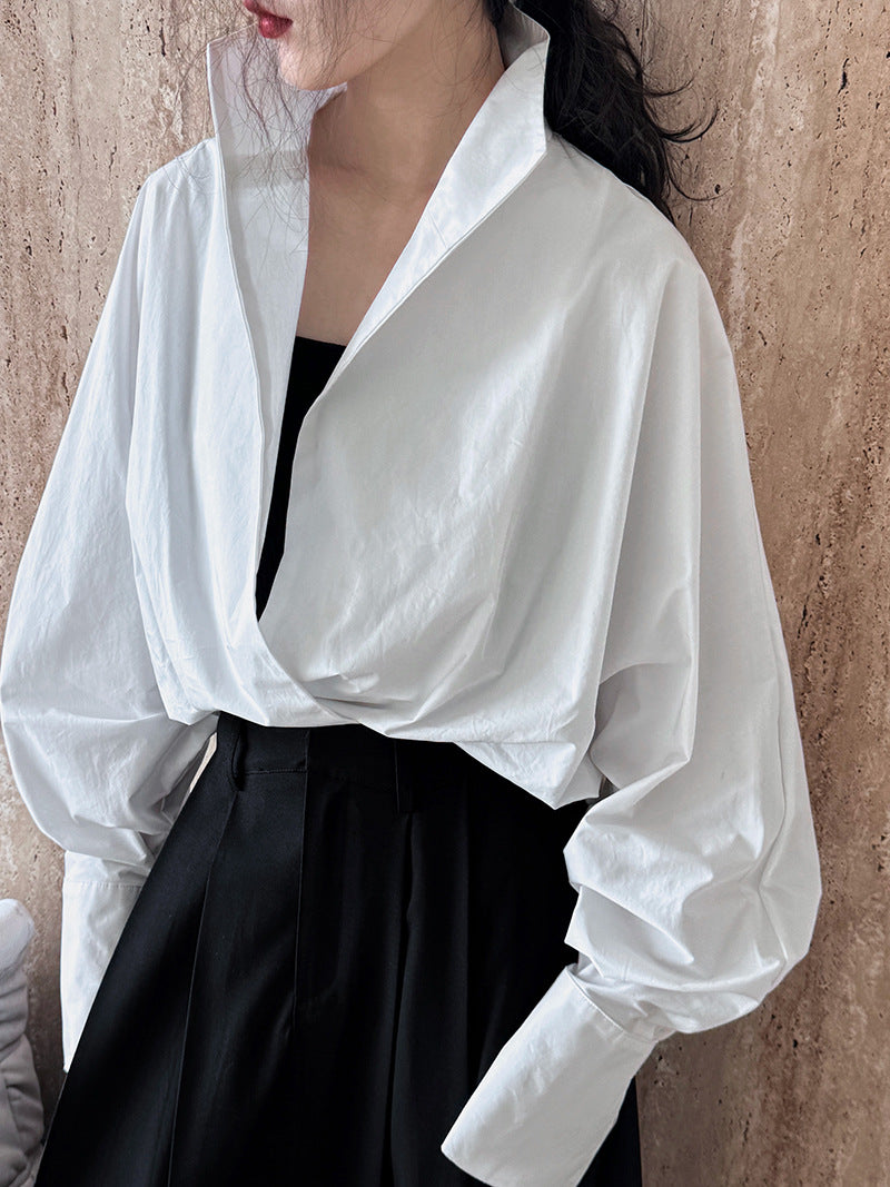 Profile Bandage Dress Stand Collar Deep V Plunge White Shirt Lazy Batwing Sleeve Large Version Blouse