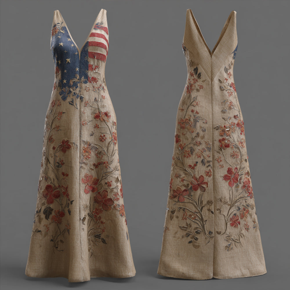 Independence Day Flag Pattern Vintage V-neck Sleeveless Long Dress elevenforest